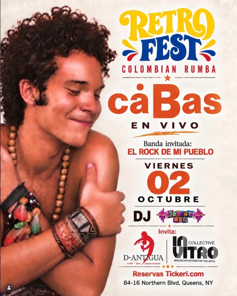 Flyer de Retro Fest Colombian Rumba: CaBas en vivo, viernes 2 de octubre en D’Antigua, con El Rock de Mi Pueblo y DJ Johnny Rec.